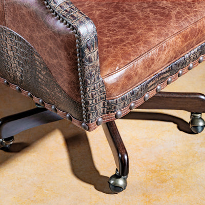 Arm detail of the Laramie Croc Wingback Desk Chair with leather and croc accents