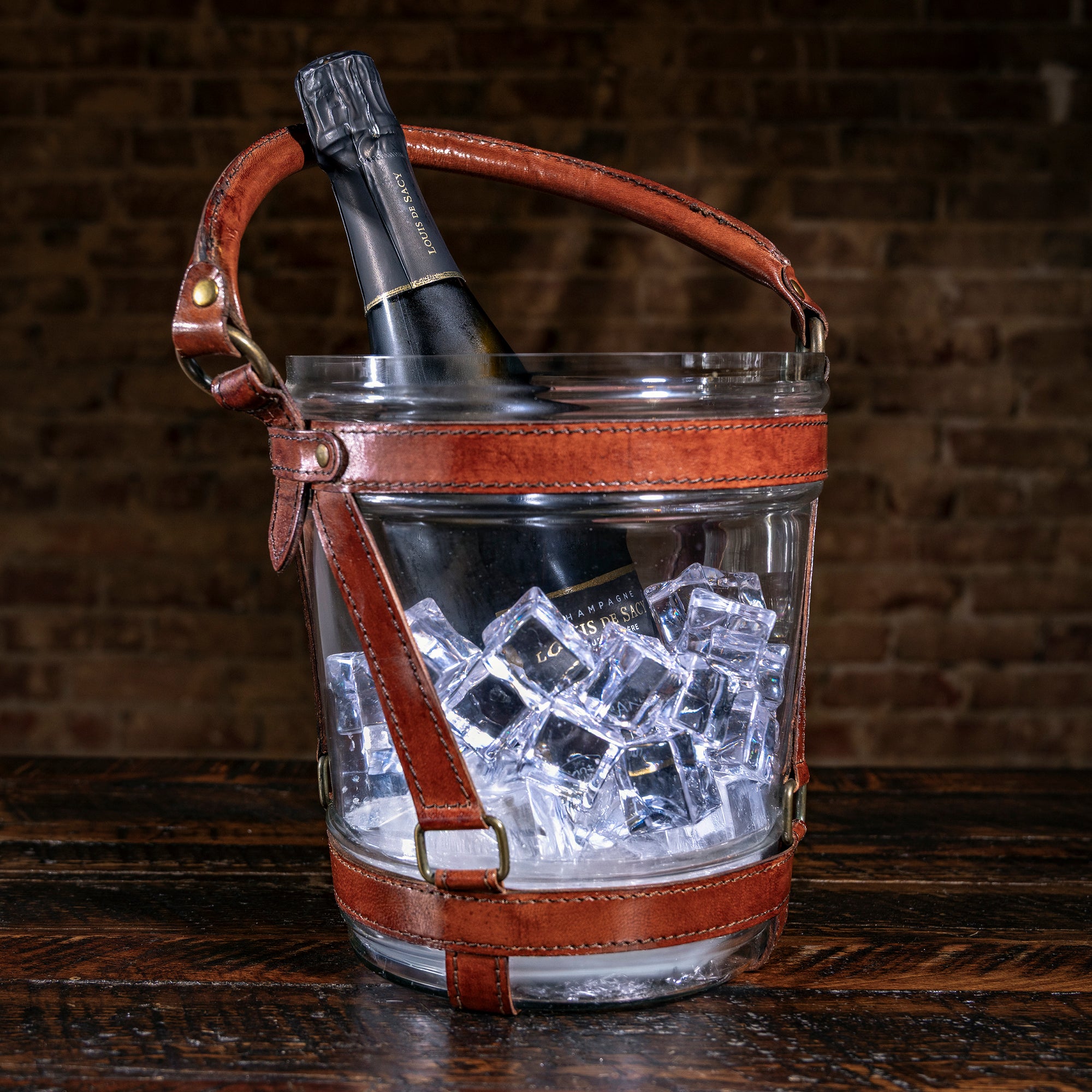 High Range Champagne Bucket — handcrafted glass and leather ice bucket from Into The West.