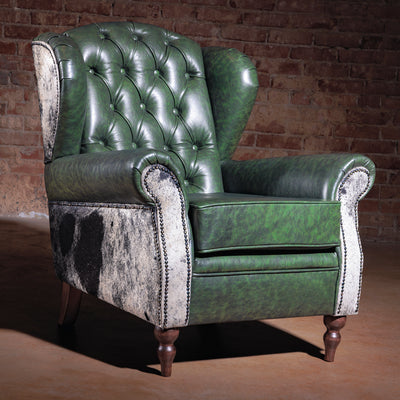 Western leather and cowhide accent chair with top-grain leather and nailhead trim – Cattleman’s Retreat