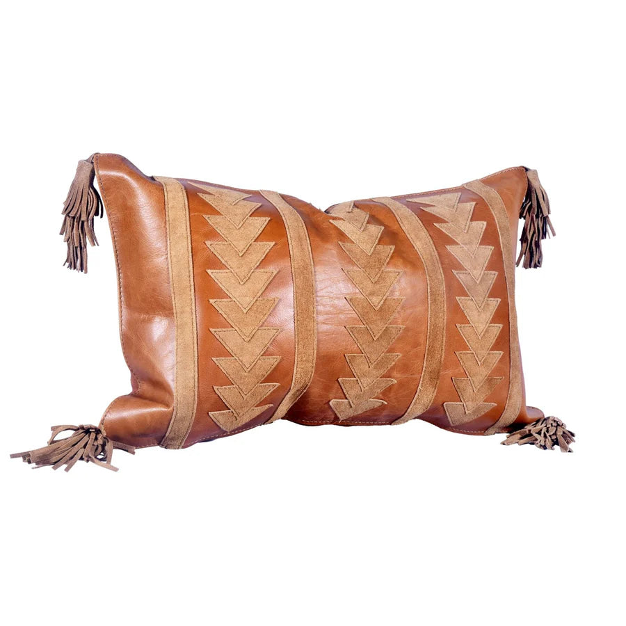 Genuine Leather & Suede Arrow Tasseled Lumbar Pillow