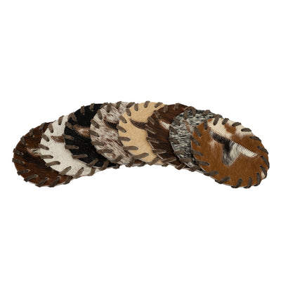 Round natural cowhide coasters. Assorted Colors. Price is PER COASTER - NOT A SET. This set of naturally absorbent leather coasters are Natural shed-free hair on cowhide which prevents drink from sticking, and shows no discoloration when wet. These are made from premium hair-on leather.
