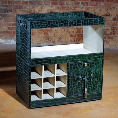 Western luxury bar cart with wine bottle storage and suede-lined cabinet