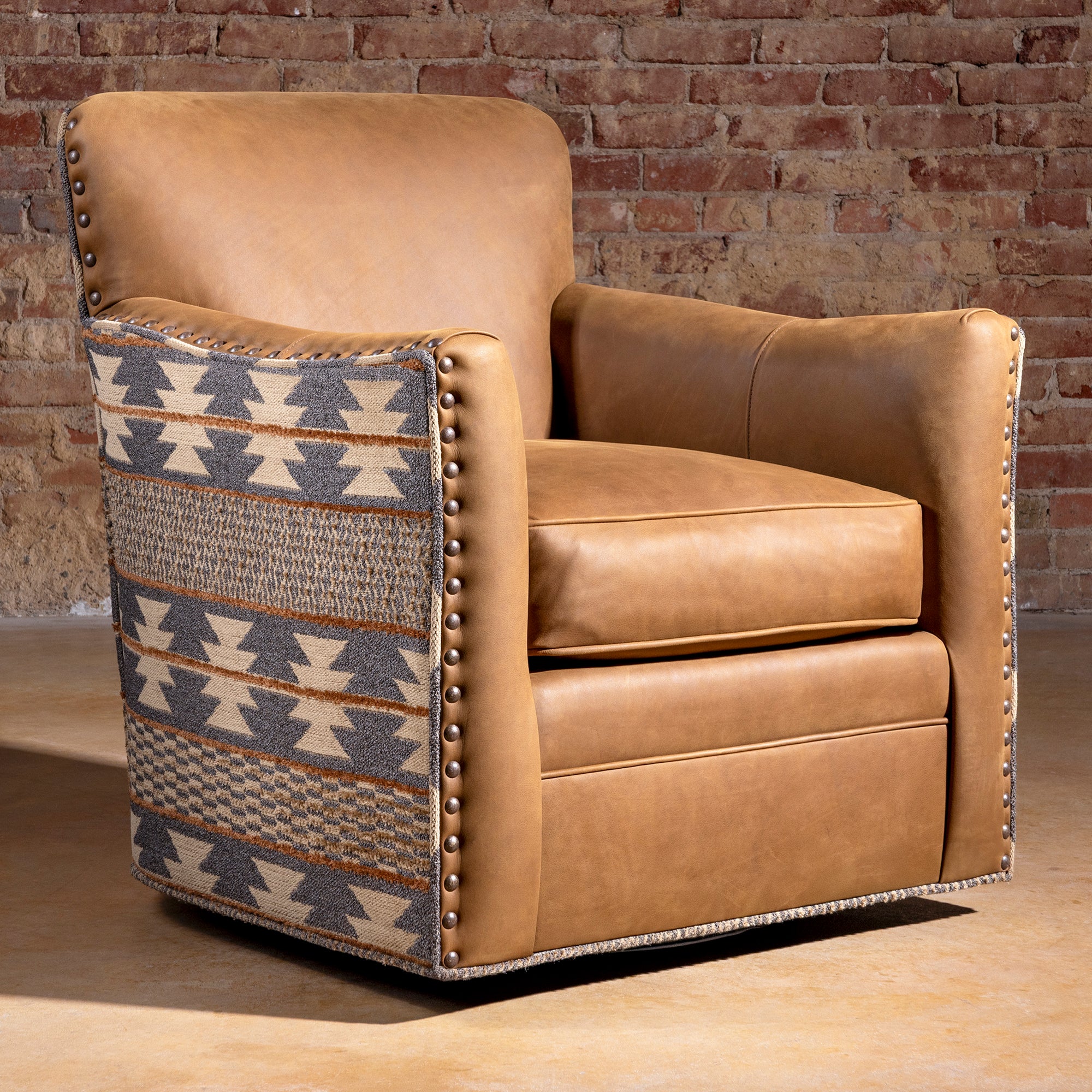 Western swivel chair in Pendleton fabric and top-grain leather