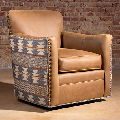 Western swivel chair in Pendleton fabric and top-grain leather
