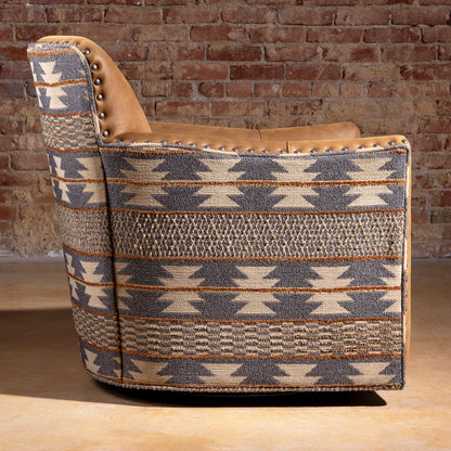 Side profile of Pendleton fabric and leather Western swivel chair