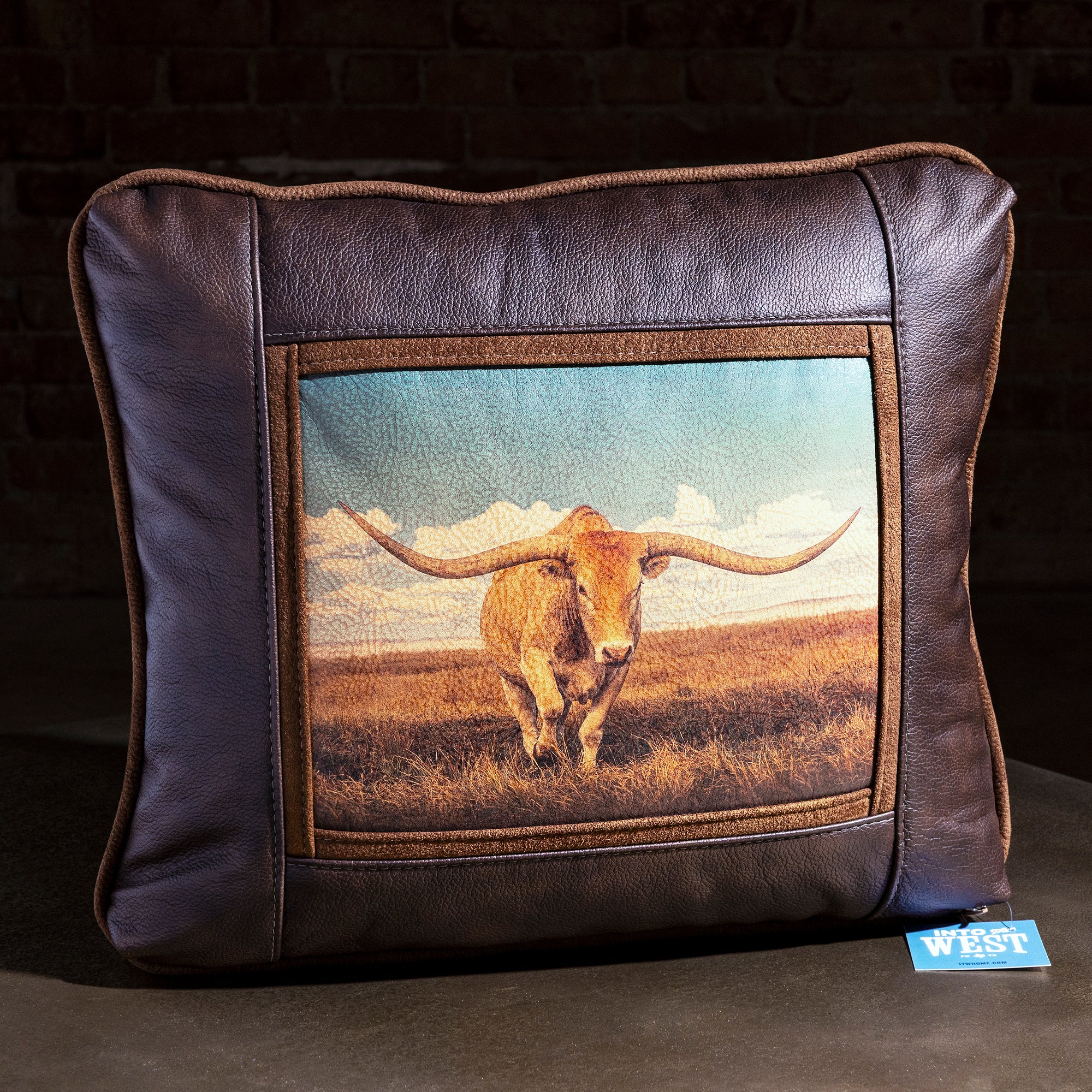 Mesquite Monarch Longhorn Leather Accent Pillow longhorn leather throw pillow with rich brown leather border and centered Western art panel