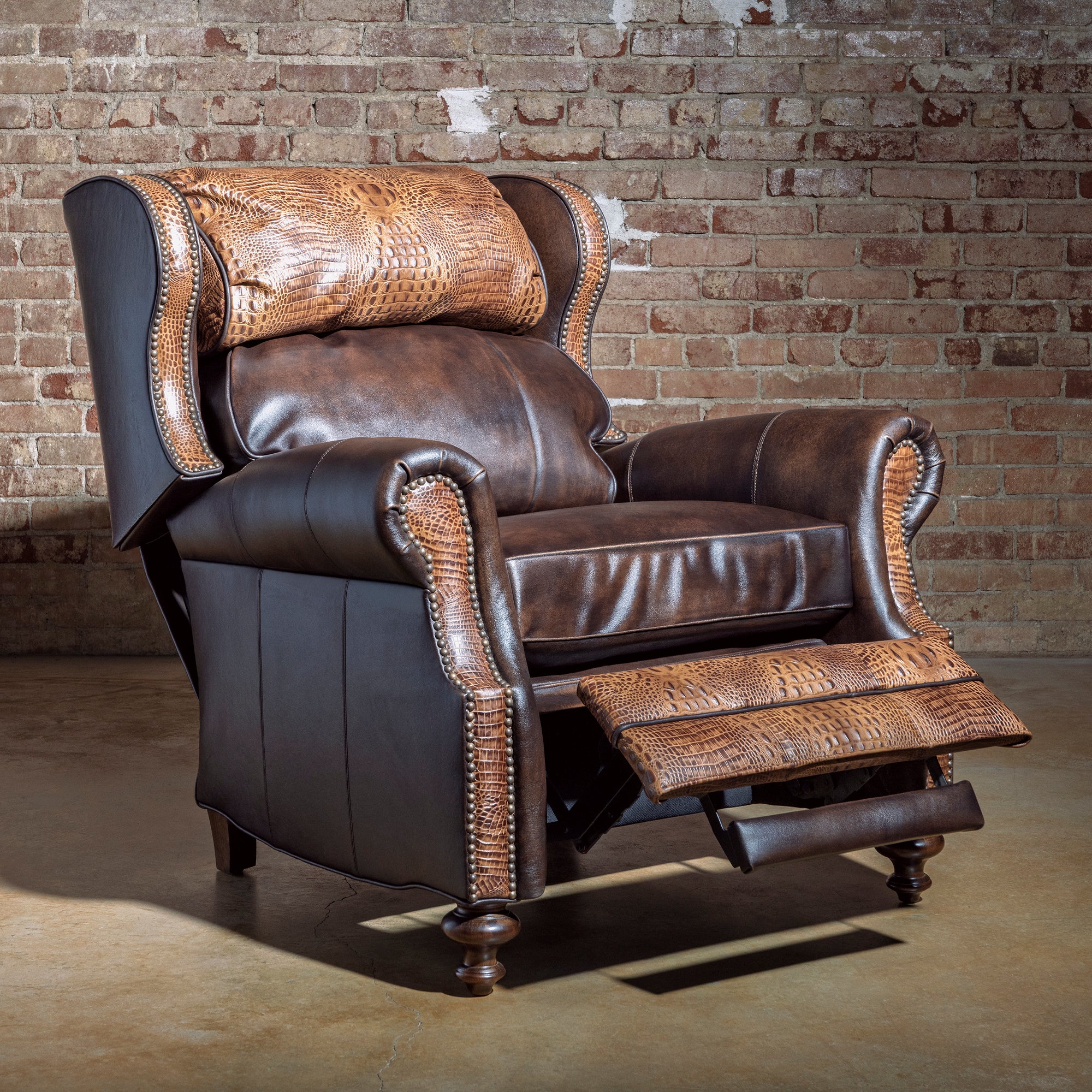 Mojave Gatorline Recliner western bustleback leather recliner shown reclined with croc accents, deep seat, and top-grain leather comfort.