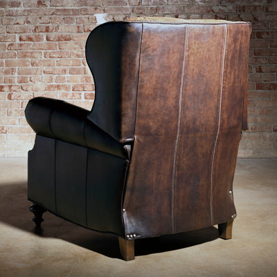 Mojave Gatorline Recliner western bustleback leather recliner with croc-embossed back panels, top-grain leather, and turned wood feet.