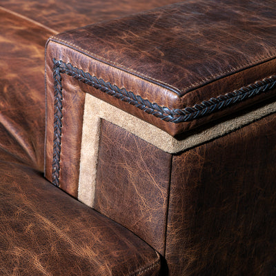 Top-grain leather Western sectional with chaise lounge in rich distressed finish and wide armrests