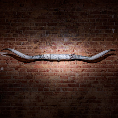 Mounted longhorn horns with grey and white cowhide wrap on red brick wall