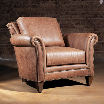 Oakley Frontier Western leather accent chair with deep seat and nailhead front rail