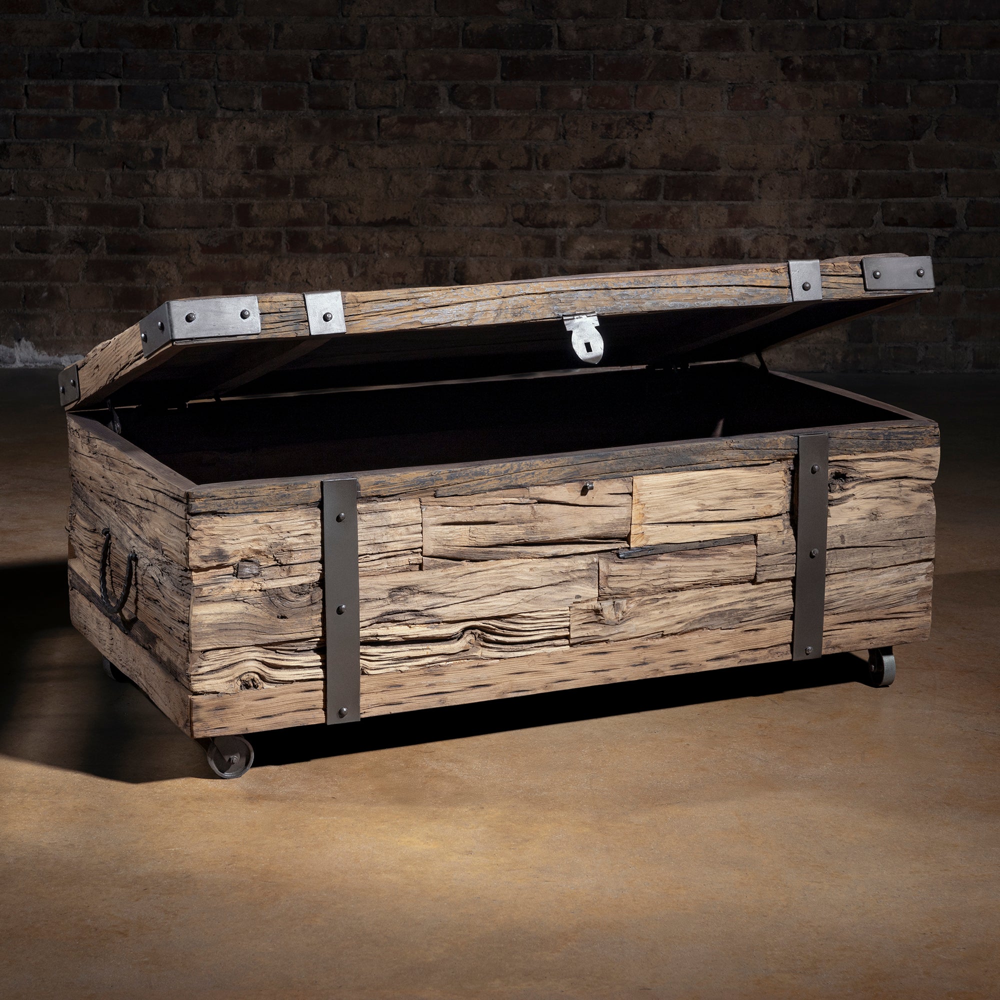 Outlaw Freight Trunk Coffee Table handcrafted reclaimed wood western chest with iron straps