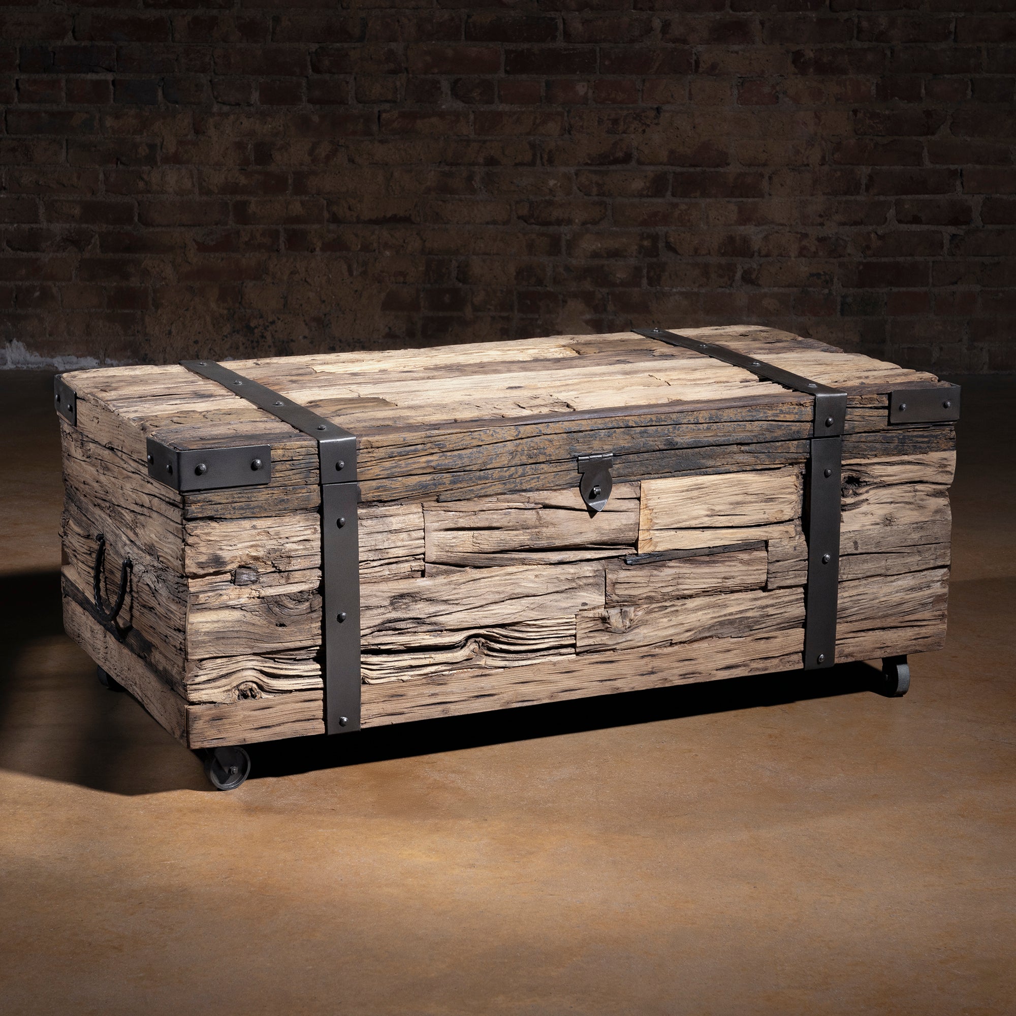 Outlaw Freight Trunk Coffee Table closed showing rugged reclaimed wood grain