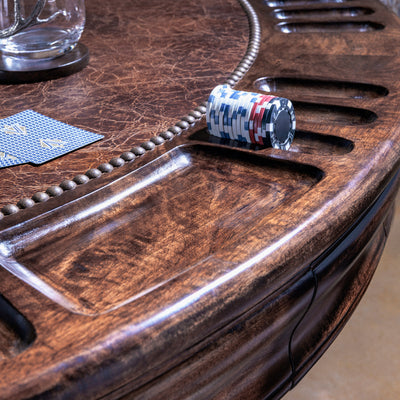 Leather inlay and chip slots on The Outlaw’s Round Poker Table