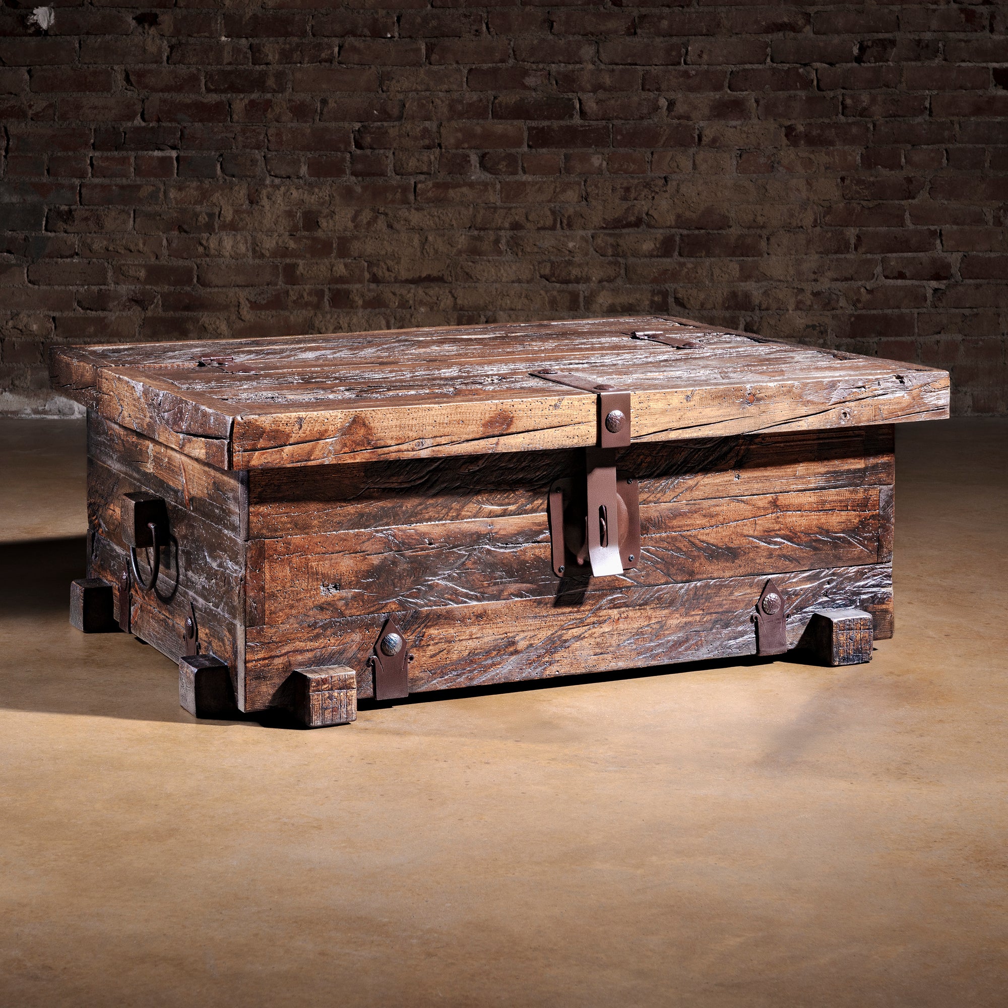 Outpost Timberlock Trunk Table reclaimed wood Western coffee table with iron hardware