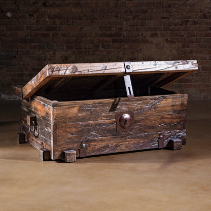 Outpost Timberlock Trunk Table open view showing interior storage space