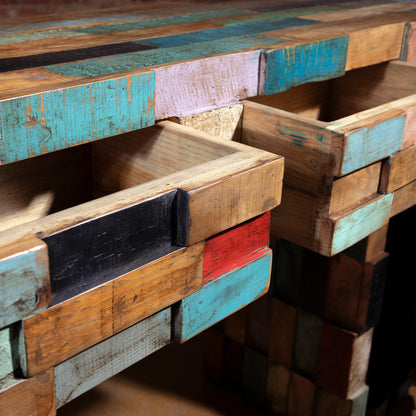 Painted Mesa Console drawers open showing craftsmanship and color variation