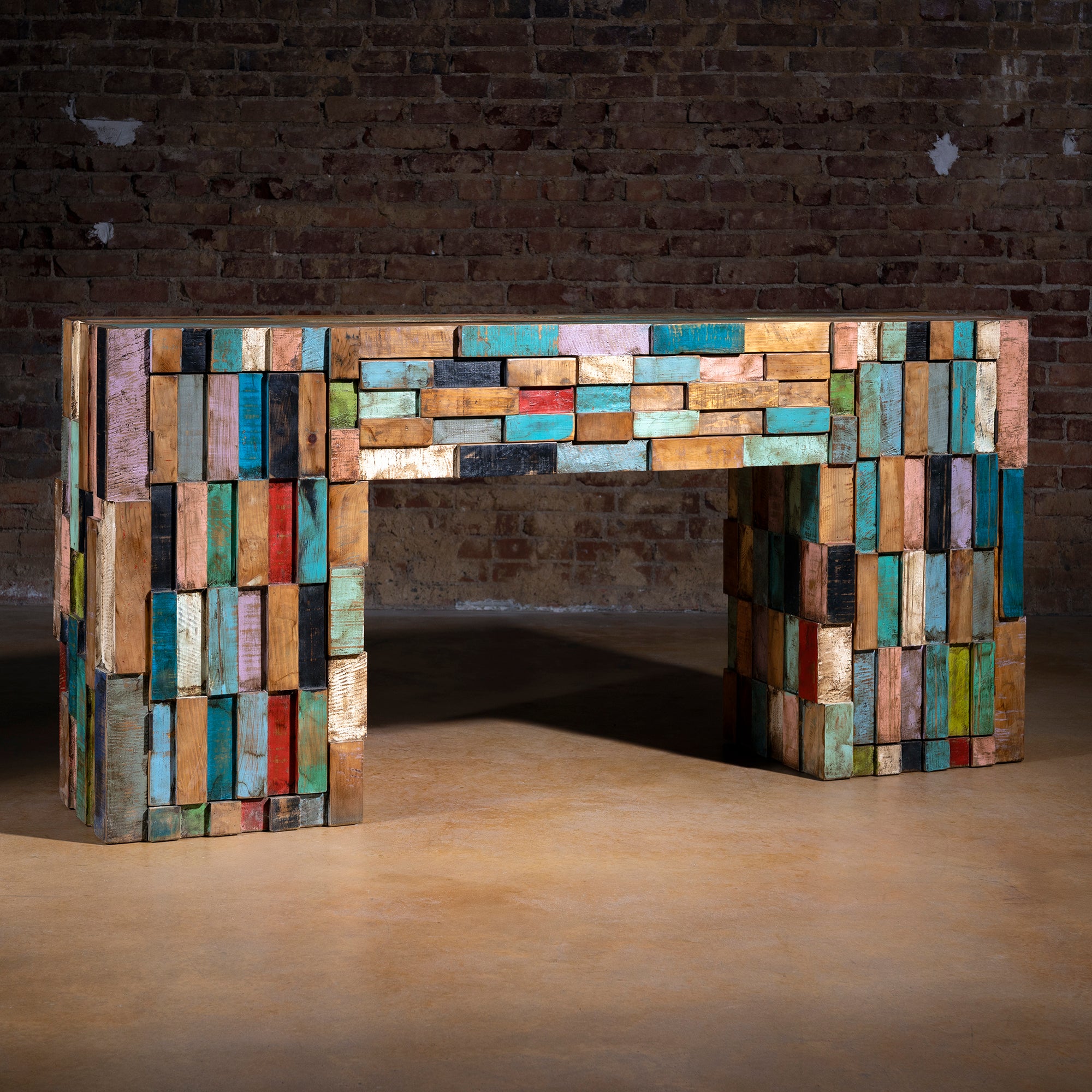 Painted Mesa Console handcrafted reclaimed wood western buffet with colorful patina finish