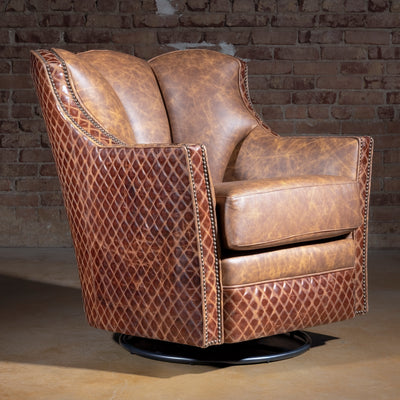 Palacio Bronce Western Leather Swivel Chair hero view with distressed leather, diamond-embossed shell, nailheads, and 360-degree motion.