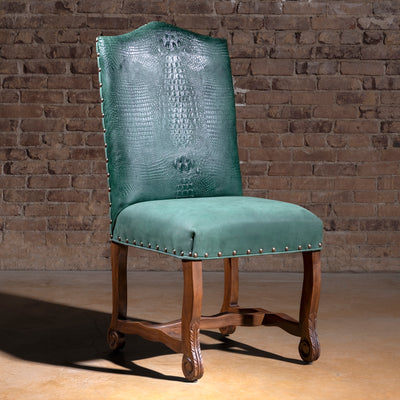 Palacio Verde Dining Chair western dining chair with green croc-embossed leather back, nailhead trim, and carved wood legs