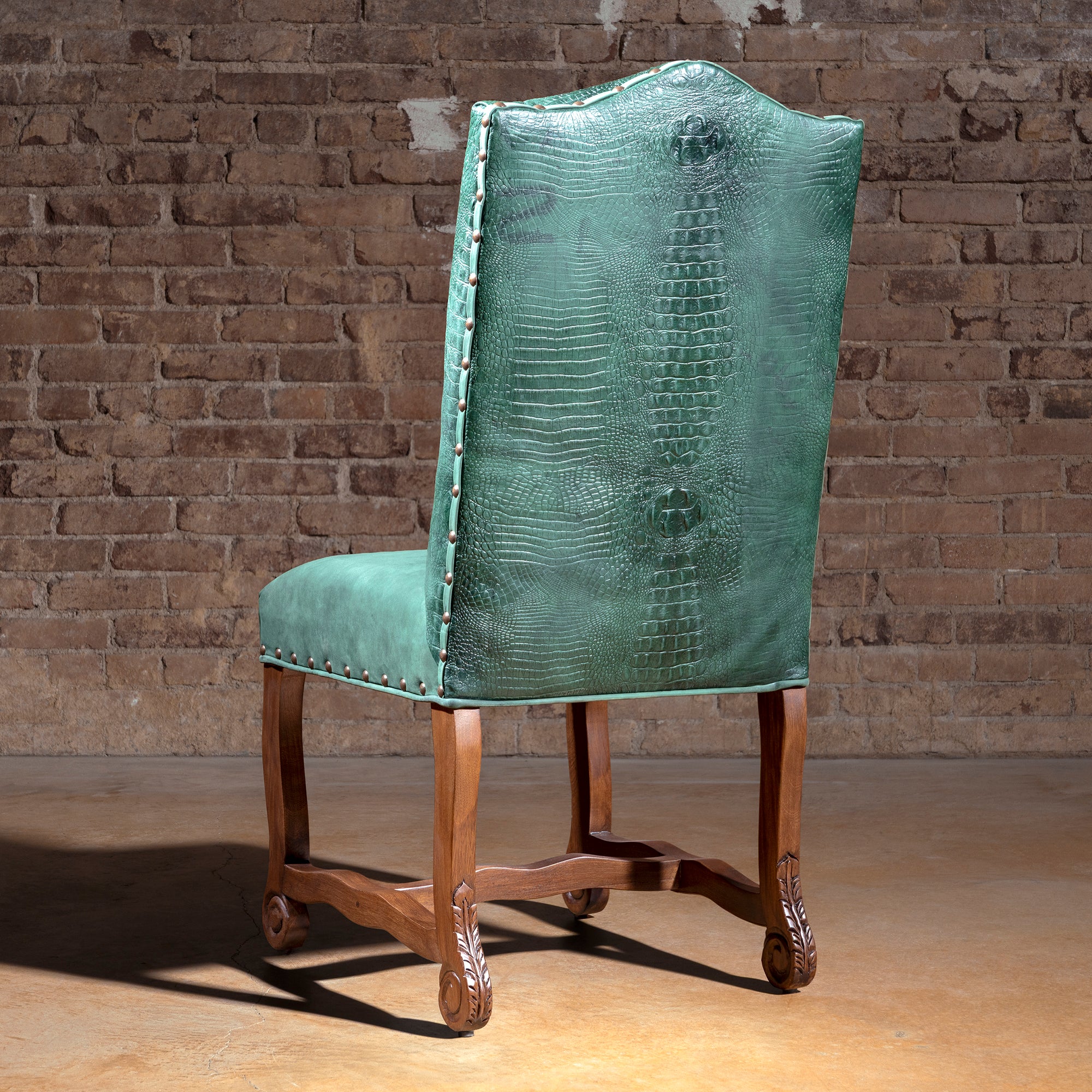 Palacio Verde Dining Chair western dining chair back view with emerald croc texture, bronze nailheads, and solid wood base