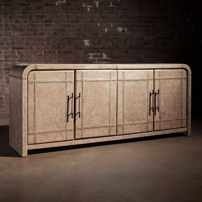 Palisade Bone Buffet western buffet with bone leather exterior, stitched panel detailing, bronze pulls, and four-door storage.