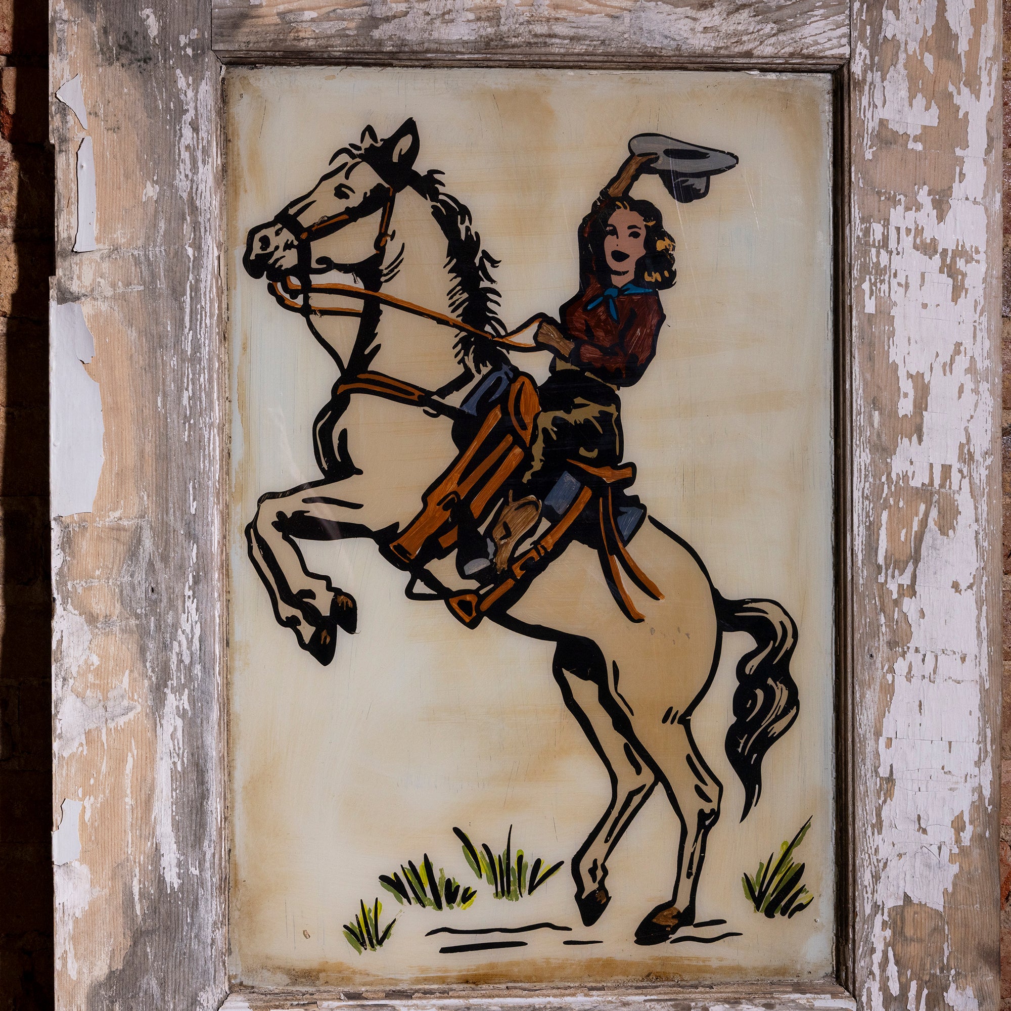 Palo Pinto Rodeo Relic Western Art Door Panel western decor artwork featuring a rearing horse, cowgirl figure, and weathered frame
