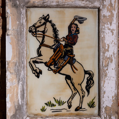 Palo Pinto Rodeo Relic Western Art Door Panel western decor artwork featuring a rearing horse, cowgirl figure, and weathered frame