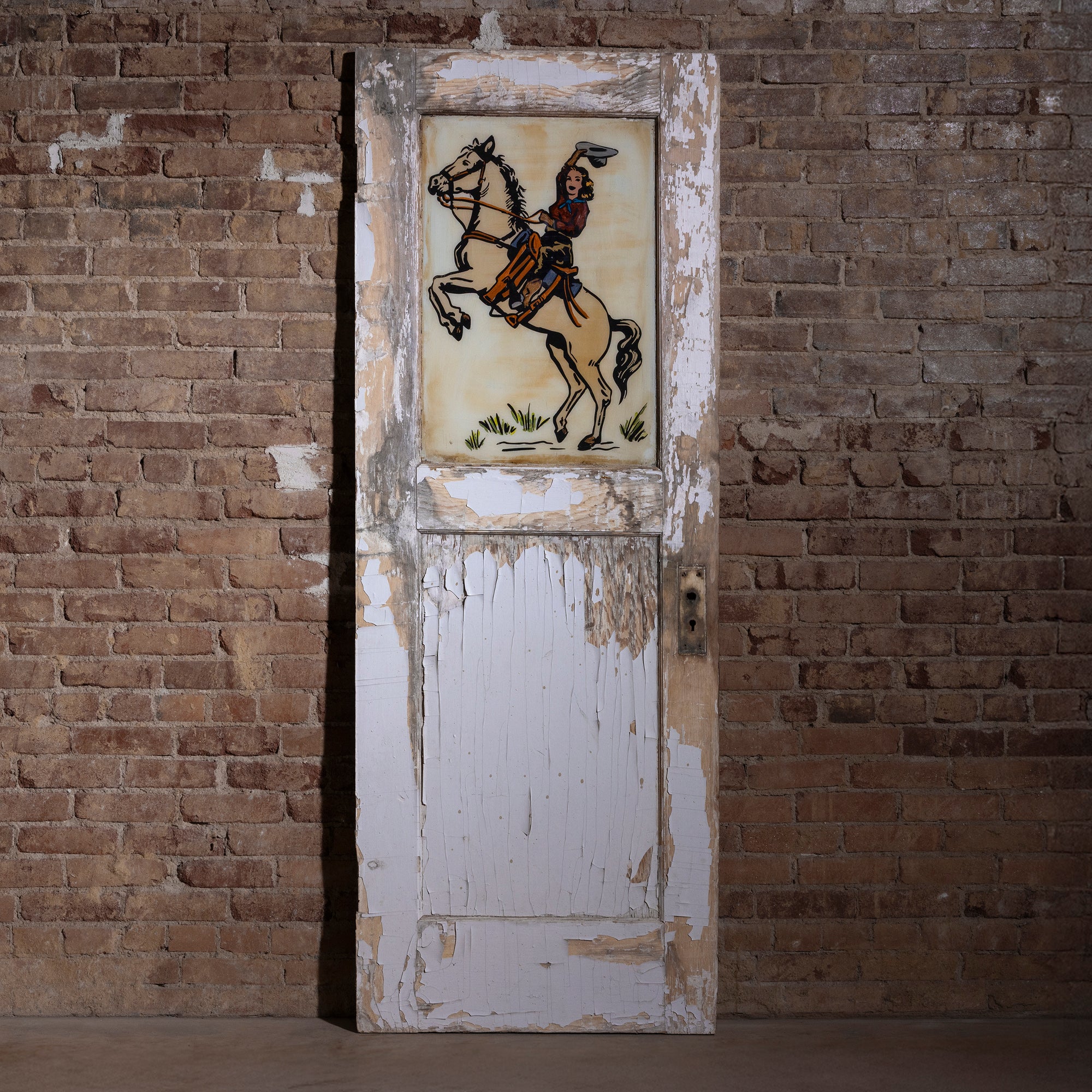 Palo Pinto Rodeo Relic Western Art Door Panel western decor piece in reclaimed wood with peeling paint and vintage cowgirl rider art