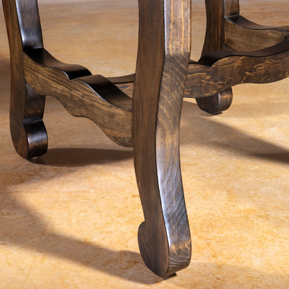 Carved wood cabriole legs and stretcher detail on Pecos Canyon ranch style dining chair