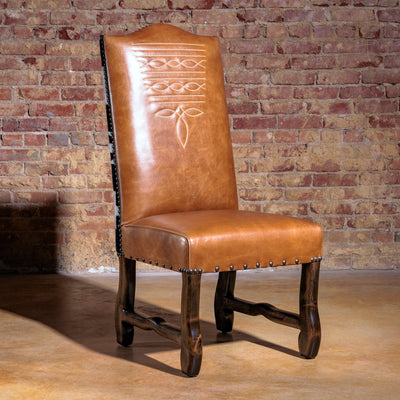 Hero view of Western dining chair with boot stitch leather and Pendleton® wool back