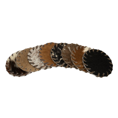 Round natural cowhide coasters. Assorted Colors. Price is PER COASTER - NOT A SET. This set of naturally absorbent leather coasters are Natural shed-free hair on cowhide which prevents drink from sticking, and shows no discoloration when wet. These are made from premium hair-on leather.