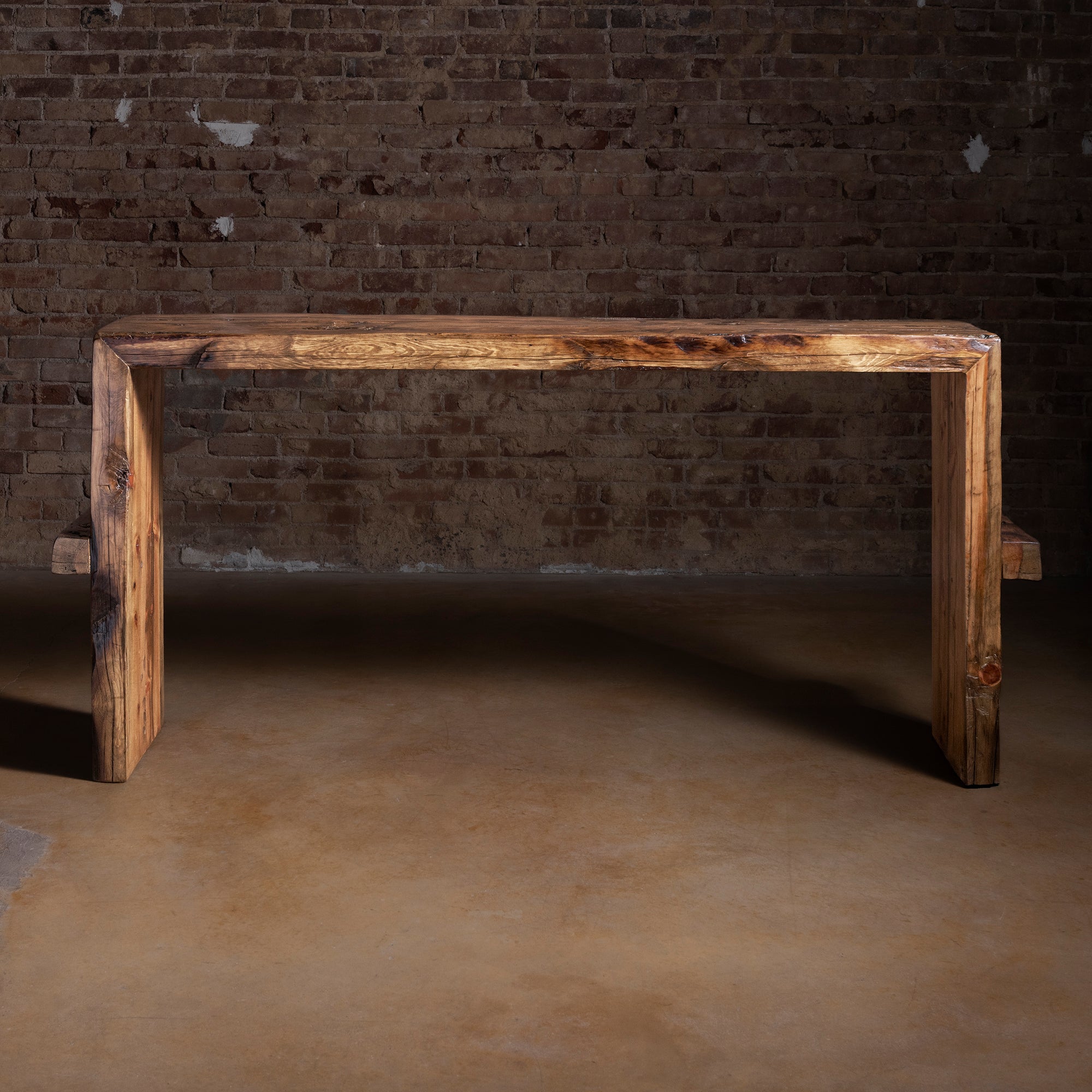 Reclaimed wood Western console table front view with thick beam top