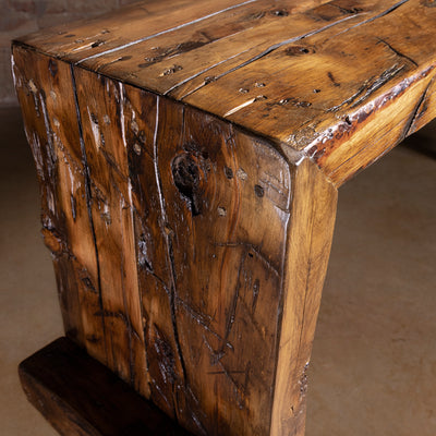 Detail of reclaimed wood console joinery and lower support block construction