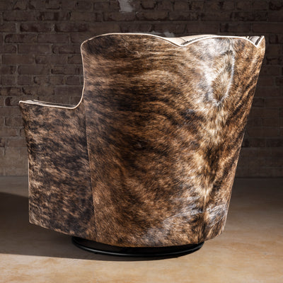 Back view of Prairie Pearl leather swivel chair showing brindle Brazilian cowhide wrap