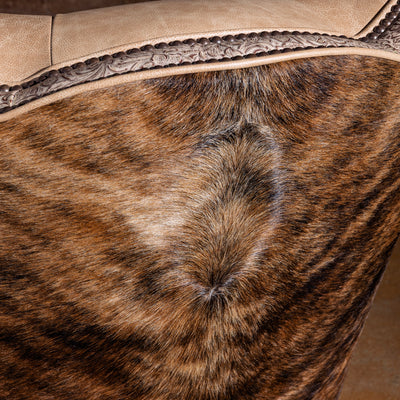 Brazilian cowhide back panel detail on Prairie Pearl pearl-leather swivel chair
