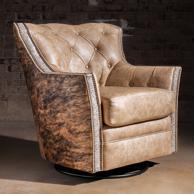 Prairie Pearl swivel chair in pearl top-grain leather with Brazilian cowhide exterior