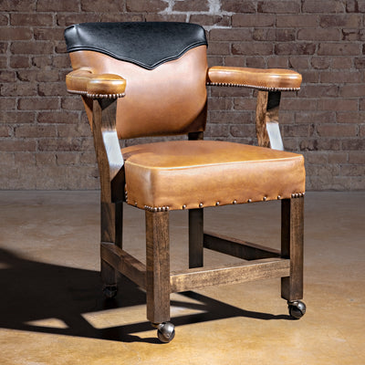 Presidio Dealer Chair western poker chair with leather arms, antique nailheads, solid alder wood legs, and rolling feet