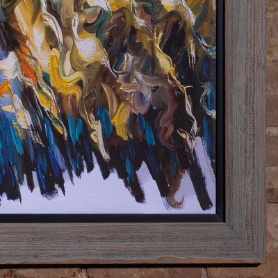 Prismatic Plains Buffalo Framed Western Wall Art western wall art close-up with textured brushwork, bold color, and weathered frame