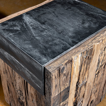closeup of dark iron wrapped top on Railhead Timber Block Side Table