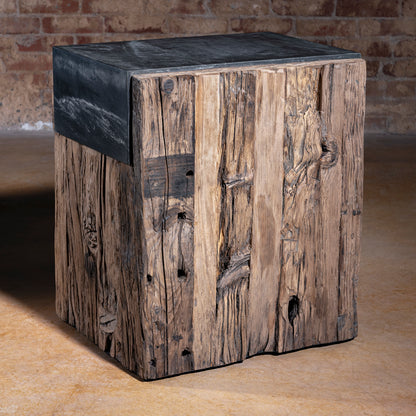 Railhead Timber Block Side Table reclaimed wood cube side table with dark iron wrapped top