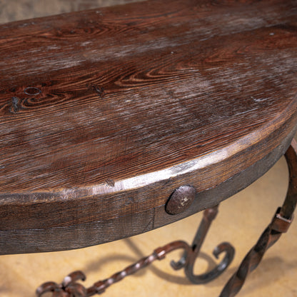 Wood top grain and edge detail on Ranchero Scroll Forge Console Table
