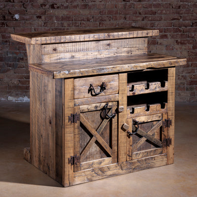 Western reclaimed wood home bar with storage and raised bar top