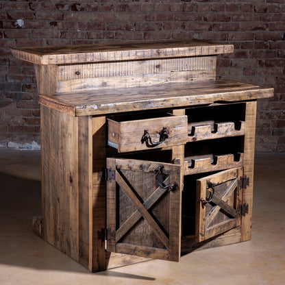 Reclaimed wood bar with cabinets, drawer, and wine storage open