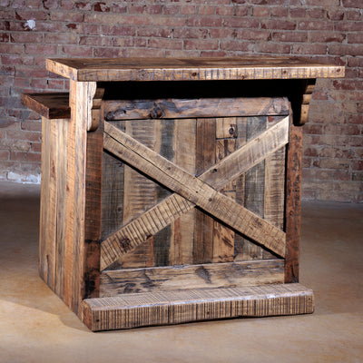 Rustic Western reclaimed wood home bar with barn-style doors