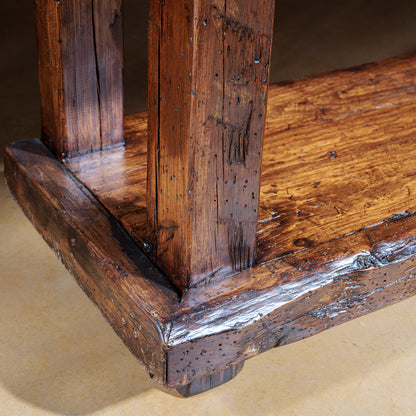 Solid reclaimed wood leg detail with rich rustic finish and distressing
