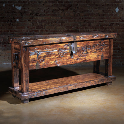 Reclaimed wood console table with top storage and bottom shelf – front view