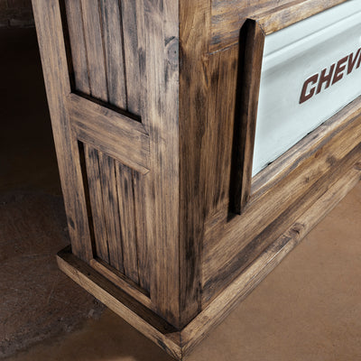 Redstone Bullhorn Tailgate Western Bar Cabinet western bar base detail showing weathered reclaimed wood grain and slatted surface texture