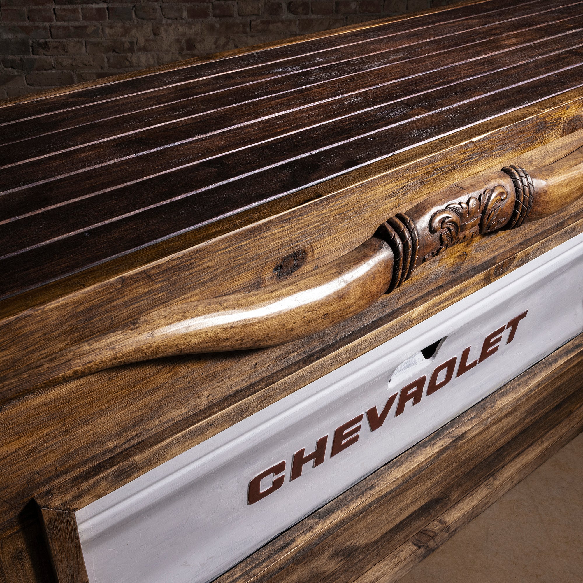 Redstone Bullhorn Tailgate Western Bar Cabinet western bar with slatted reclaimed wood top, carved bullhorn crest, and tailgate panel