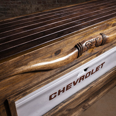 Redstone Bullhorn Tailgate Western Bar Cabinet western bar with slatted reclaimed wood top, carved bullhorn crest, and tailgate panel